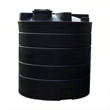 Front view of outside insulated 10000 litre black MDPE tank, by Ecosure.
