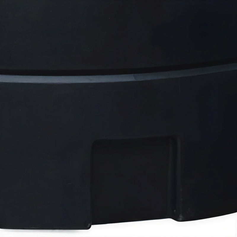 Front view of the 400x400mm recessed outlet at the bottom of the tall, black 10000 litre rainwater harvesting MDPE tank by Ecosure.