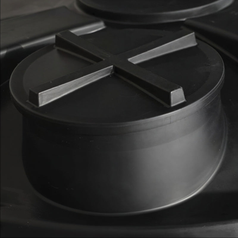 Top view of the black MDPE tank lid on a 13,000 litre, large, above-ground rainwater harvesting tank by Ecosure.