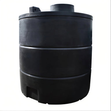 Tall 10,000 litre black MDPE rainwater harvesting tank for non-potable use, front view on white background, by Ecosure.
