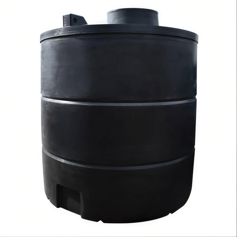 Tall 10,000 litre black MDPE rainwater harvesting tank for non-potable use, front view on white background, by Ecosure.