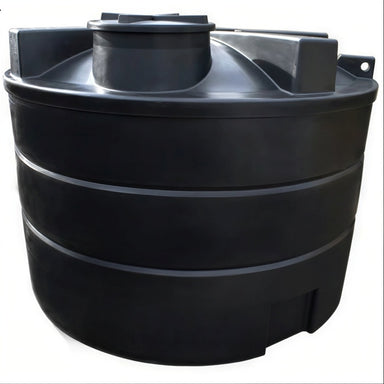 Black 10,000 litre MDPE rainwater harvesting tank for non-potable use on white background, front view, by Ecosure.