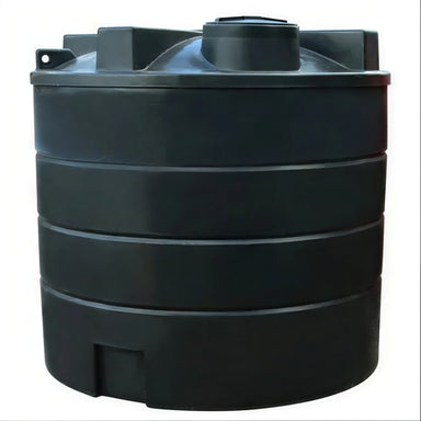 Black 13,000 litre MDPE rainwater harvesting tank for non-potable use, front view, by Ecosure.